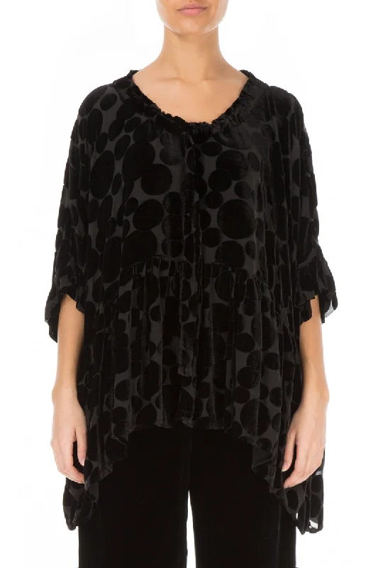 Flared Devoré Bubbles Black Silk Velvet Blouse Backless Summer Blouse