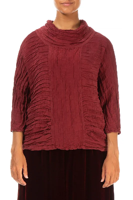 Cowl Neck Crinkled Bordeaux Silk Blouse Ruched Sleeve Blouse