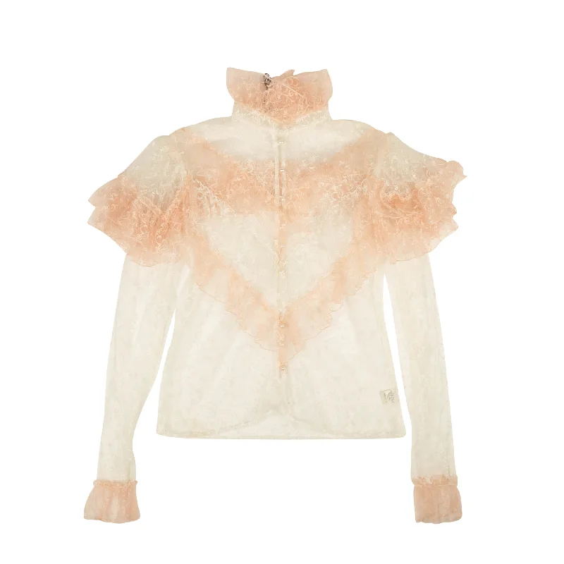 RODARTE Pink & White Floral Tulle Blouse Asymmetric Hem Blouse