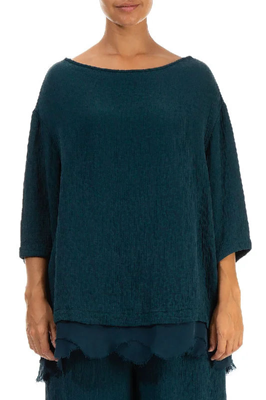 Boat Neck Emerald Teal Textured Silk Blouse Flowy Bohemian Blouse