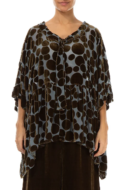 Flared Devoré Bubbles Golden Sage Silk Velvet Blouse Side Tie Blouse