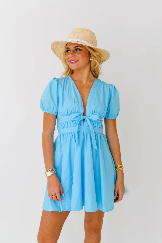 Liona Mini Dress - Sky Blue Elegant Mini Dress with Pleats