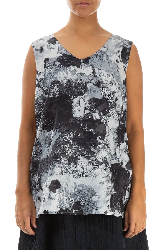 Sleeveless V-Neck Marble Silk Cotton Blouse Modern Work Blouse