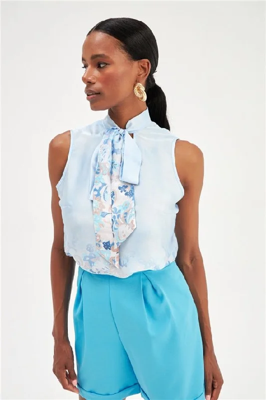 Floral Ombre Patterned Tie Neck Scarf Detailed Blouse - Blue Casual Button Blouse