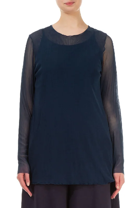 Navy Tulle Silk Blouse Elegant Peplum Blouse