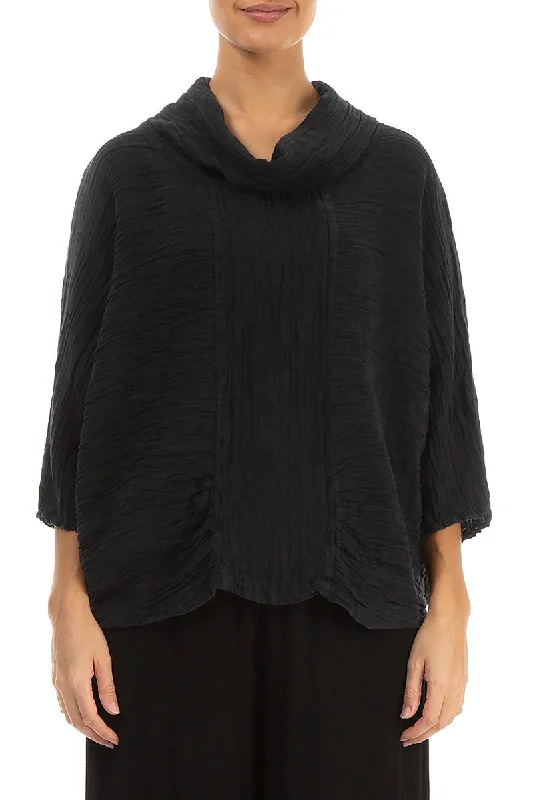 Cowl Neck Crinkled Black Silk Blouse Embroidered Cotton Blouse