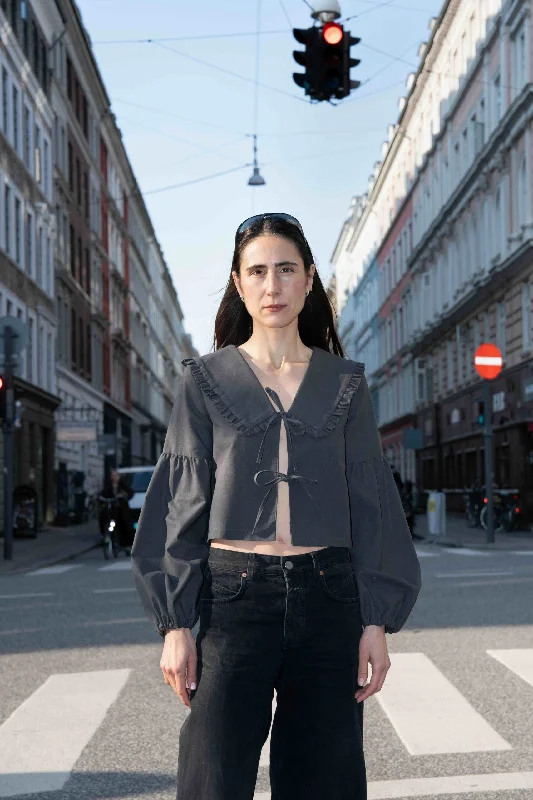 Puff and Pencil Tie Blouse, Lantern Sleeve & Peggy Collar Elegant Office Blouse