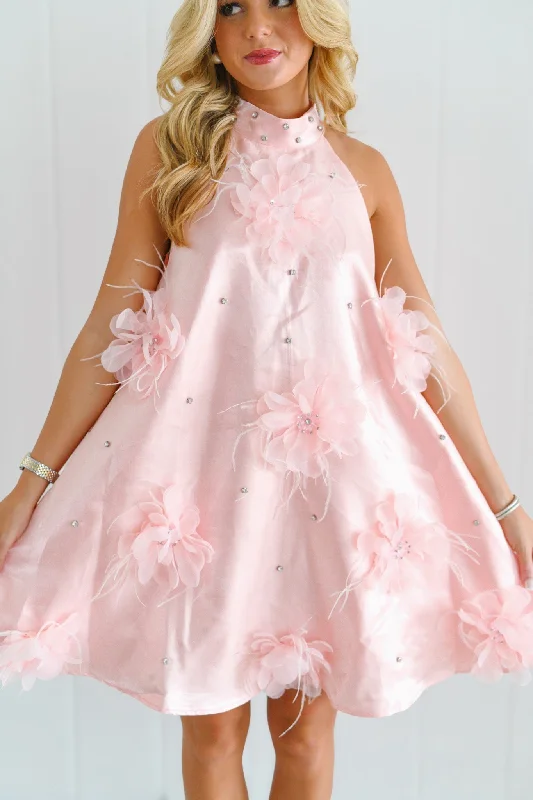Adeline High Neck Mini Dress-Pink Comfortable Fit-and-Flare Mini Dress