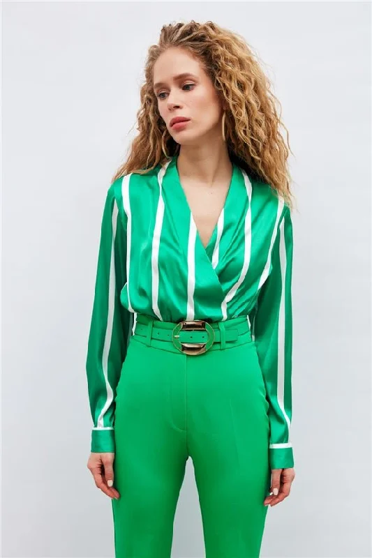 Double Breasted Wrap V-Neck Striped Crop Blouse - Green Lightweight Chiffon Blouse