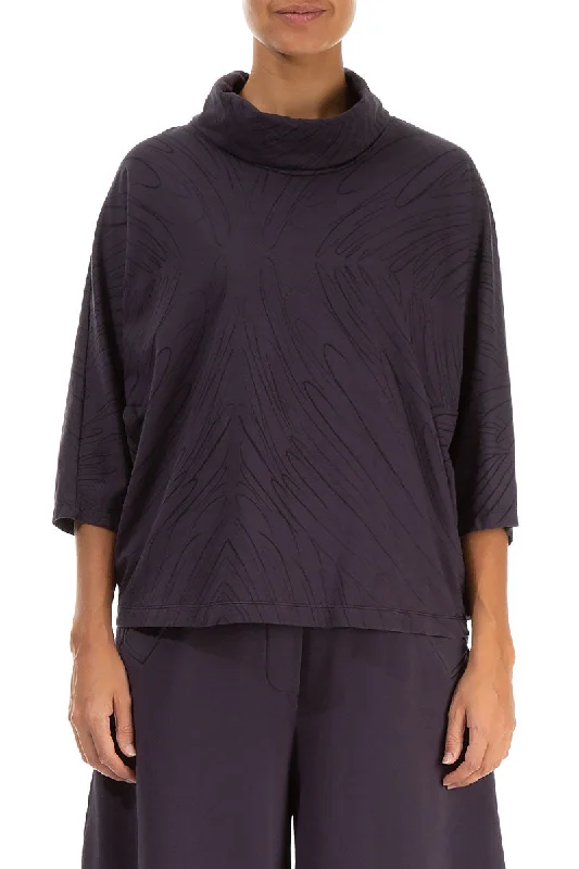 Cowl Neck Vintage Violet Feathers Cotton Blouse Textured Cotton Blouse