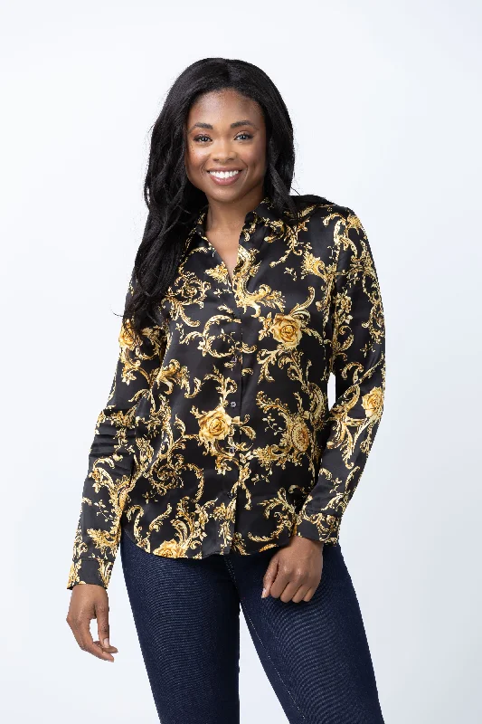 L'Agence Tyler Blouse In Black/Gold Barocco Swirl Feminine Ruffle Blouse