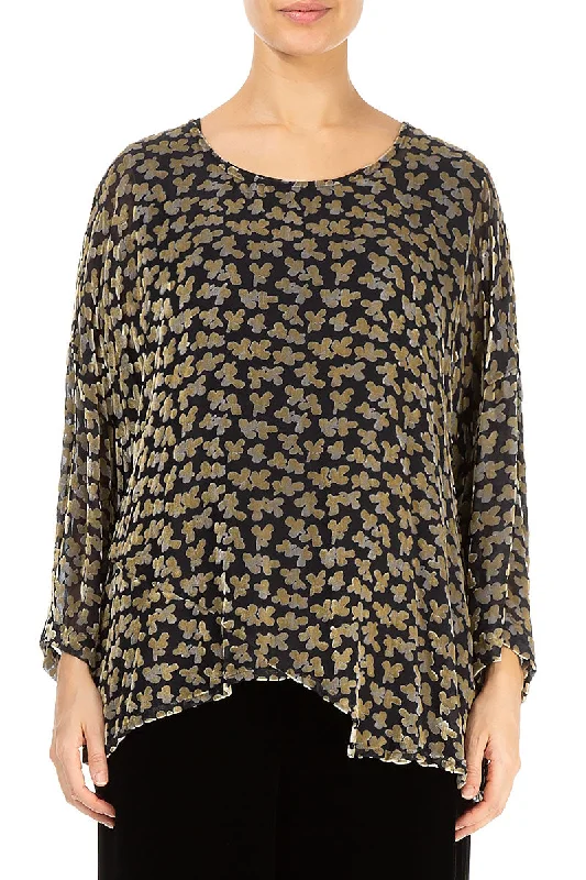 Asymmetric Devoré Petals Gold Silk Velvet Blouse Lightweight Floral Blouse