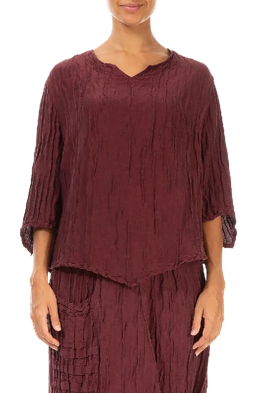 V-Neck Crinkled Burgundy Silk Blouse Embellished Collar Blouse