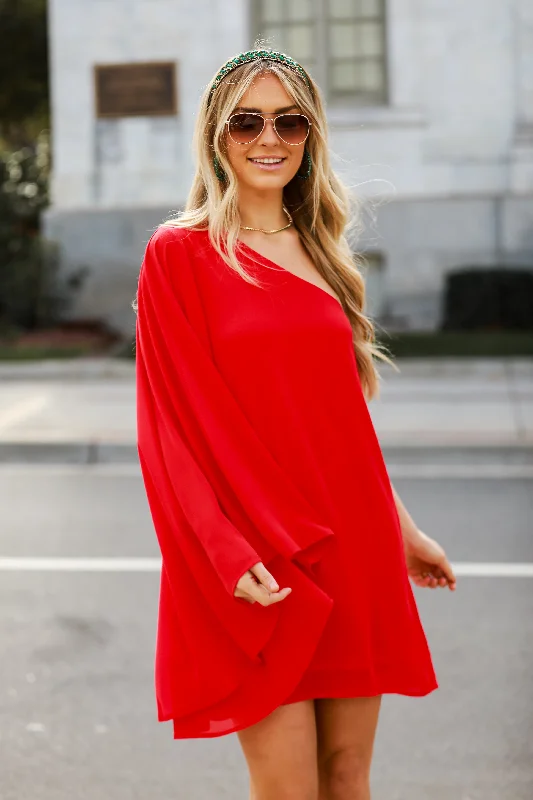 FINAL SALE - Luxe Vision Red One-Shoulder Mini Dress Elegant Mini Dress with Pleats