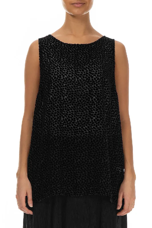 Sleeveless Devoré Dot Black Silk Velvet Blouse Chic Ruffle Blouse