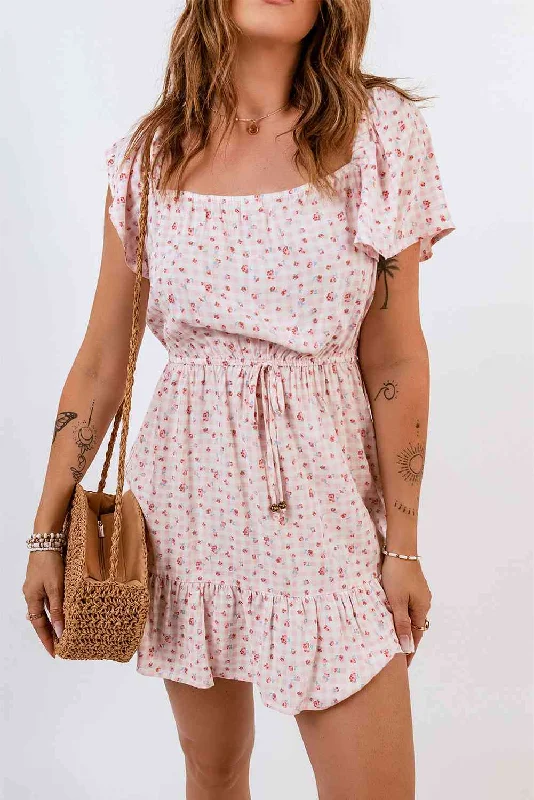 Printed Square Neck Mini Dress Classic Casual Mini Dress