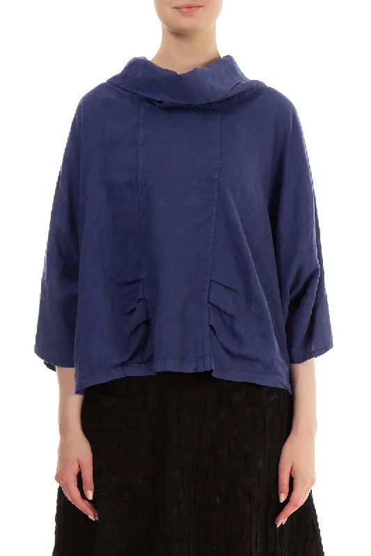 Cowl Neck Blue Violet Linen Blouse Versatile Layering Blouse