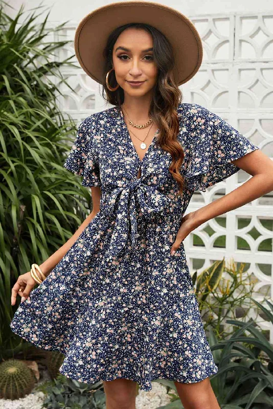 Floral Tied V-Neck Flutter Sleeve Mini Dress Trendy Off-Shoulder Dress Mini