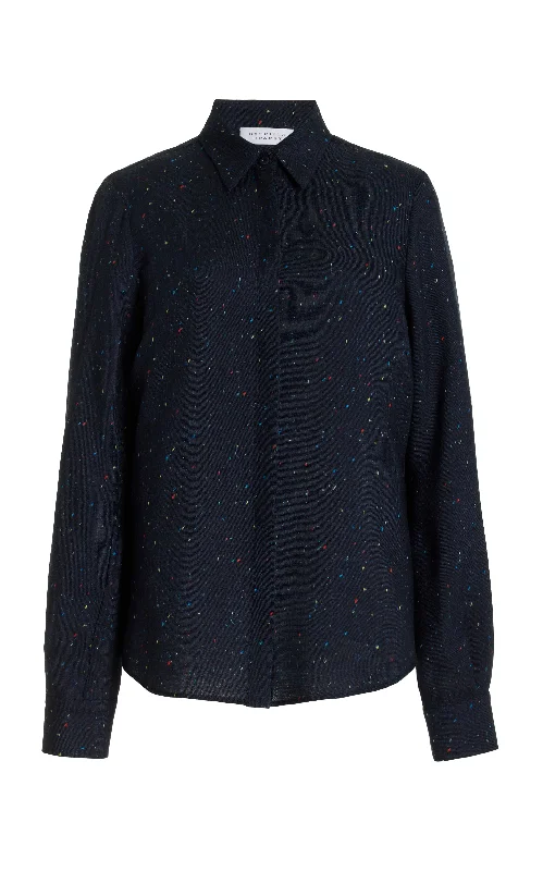 Henri Blouse in Dark Navy Multi Printed Wool Sheer Sleeve Blouse