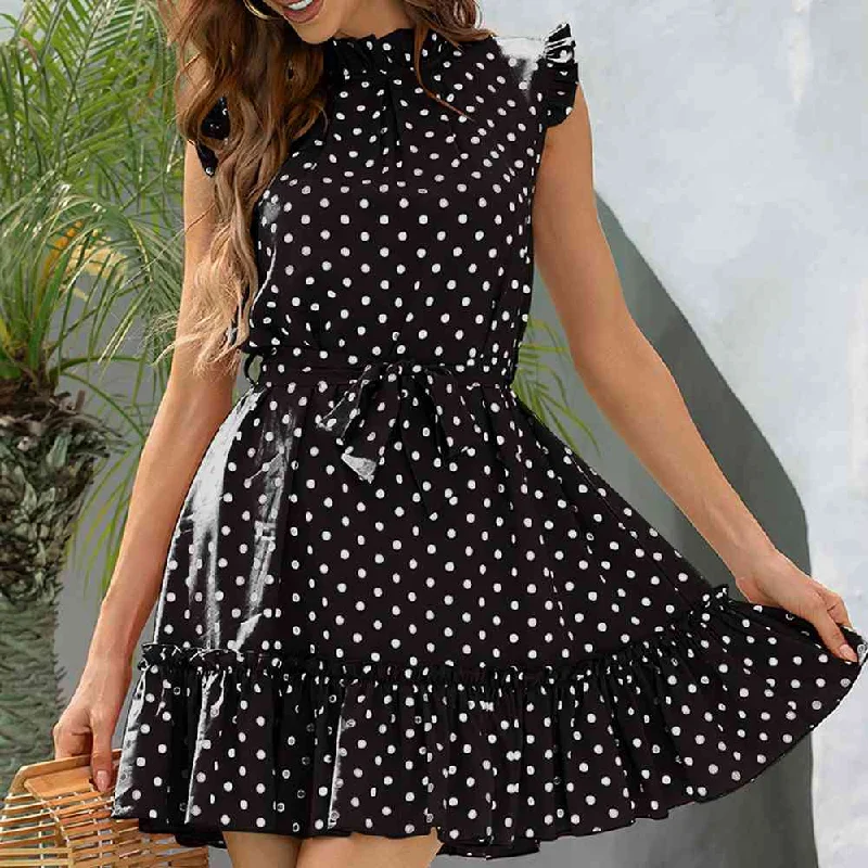 Polka Dot Mock Neck Frill Trim Mini Dress Cozy Cowl Neck Mini Dress
