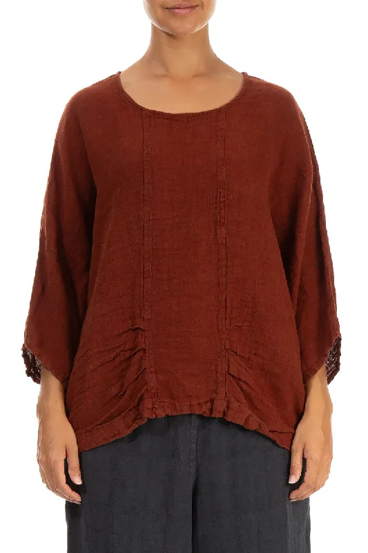 Loose Cinnamon Linen Blouse Delicate Bow Blouse