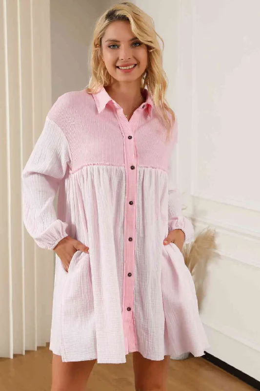 Buttoned Collared Neck Dropped Shoulder Mini Dress Stylish Short Sleeve Mini Dress
