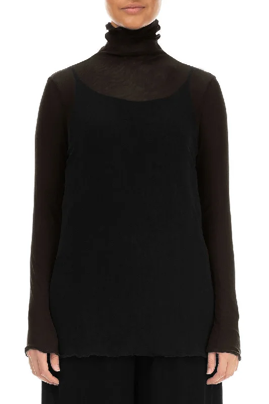 High Neck Fitted Black Tulle Silk Blouse Embellished Collar Blouse