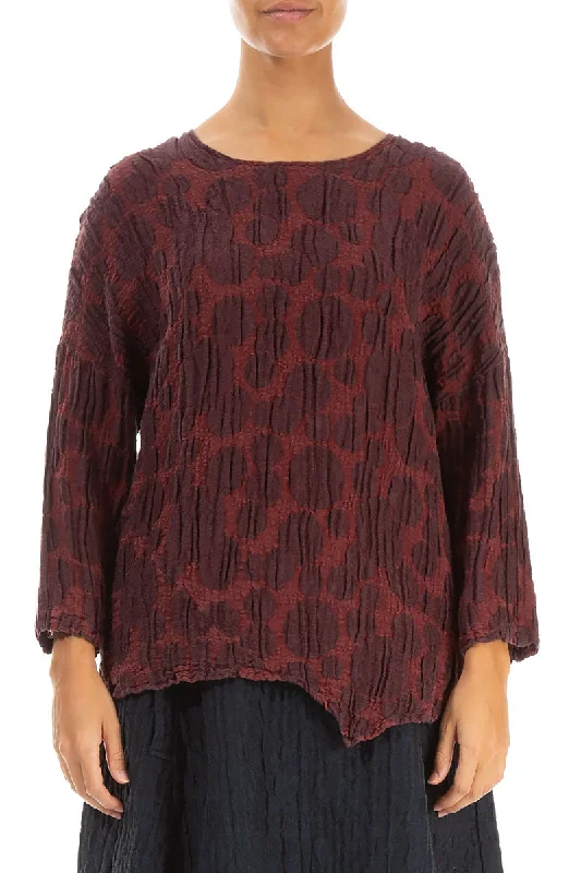 Asymmetric Merlot Circle Silk Linen Blouse Puff Sleeve Blouse