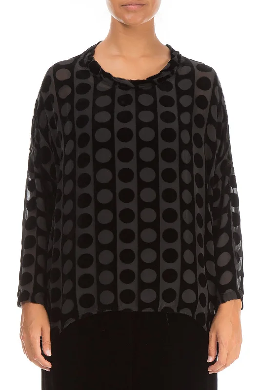 Boxy Devoré Bubbles Black Silk Velvet Blouse Double Button Blouse