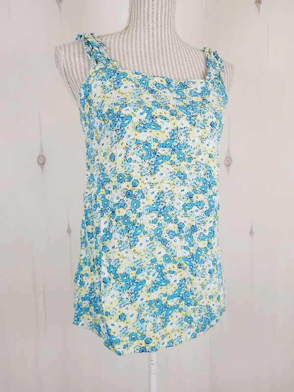 BLUE FLORAL BLOUSE APPROX LADIES MEDIUM PRE-LOVED Pleated Collar Blouse