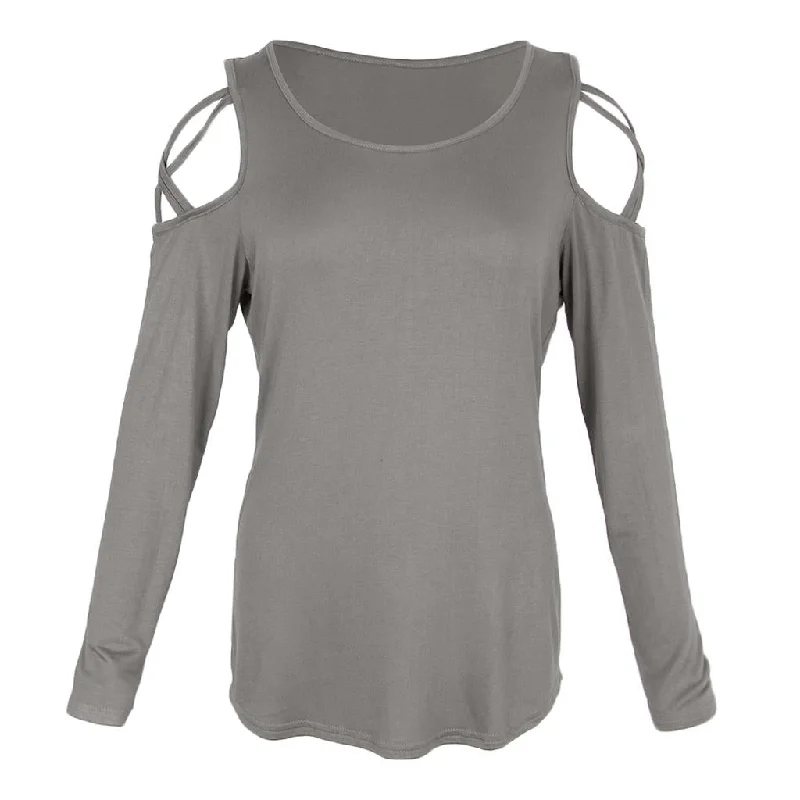 Maxbell Women Strappy Cold Shoulder Tops Long Sleeves T Shirt Blouse Loose Fit Tunic L Gray-- Graphic T-Shirt Round Neck Polyester Maxbell Women Strappy Cold Shoulder Tops Long Sleeves T Shirt Blouse Loose Fit Tunic L Gray-- Graphic T-Shirt Round Neck Polyester