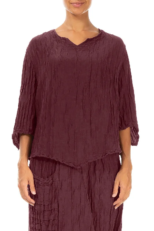 V-Neck Crinkled Merlot Silk Blouse Textured Cotton Blouse
