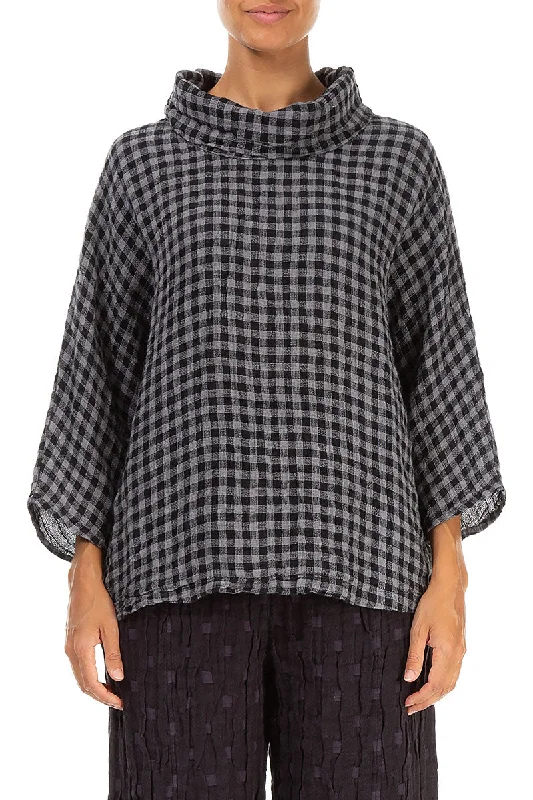 Cowl Neck Grey Check Linen Blouse Chic Square Blouse