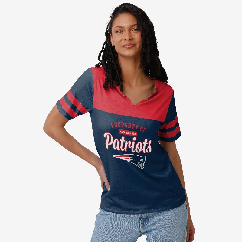 New England Patriots Womens Team Stripe Property Of V-Neck T-Shirt-- Striped Floral Plaid New England Patriots Womens Team Stripe Property Of V-Neck T-Shirt-- Striped Floral Plaid