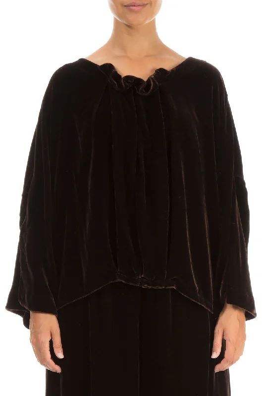 Ruffled Neck Chocolate Silk Velvet Blouse Double-Layered Blouse