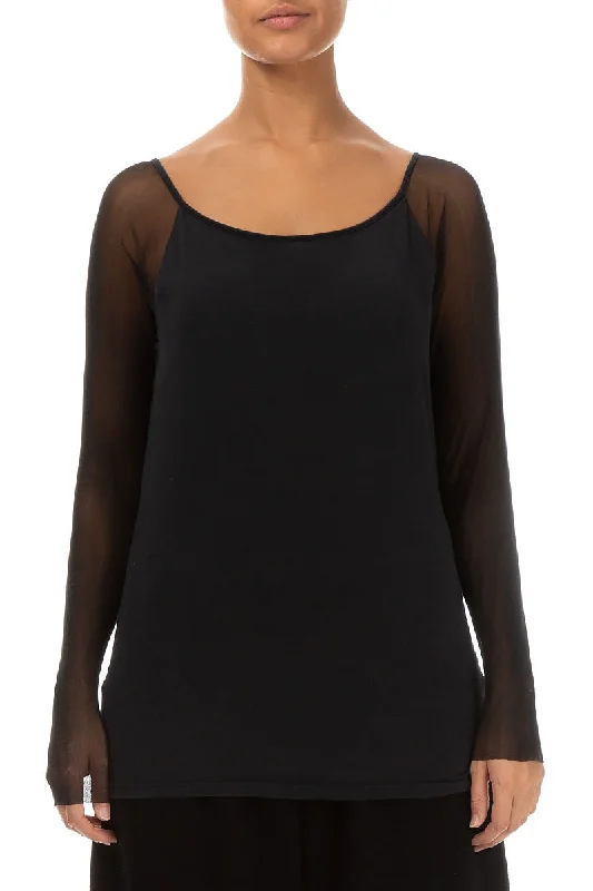 Long Tulle Sleeves Black Silk Blouse Satin Drape Blouse