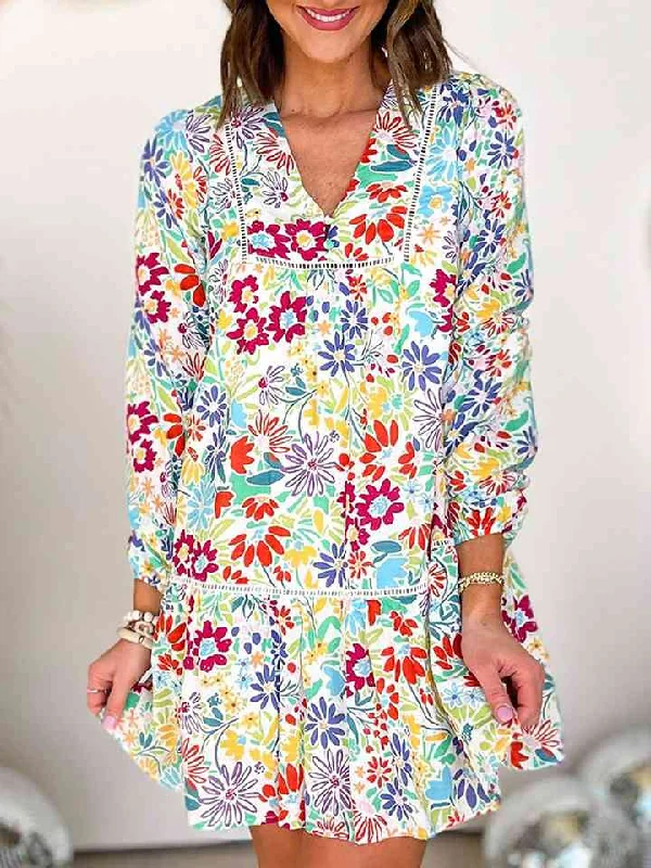 V-Neck Floral Print Long Sleeve Mini Dress Comfortable Linen Mini Dress