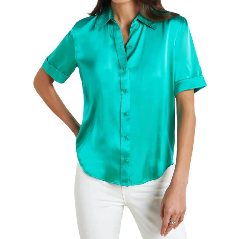 Ellah Short Sleeve Blouse In Bright Seafoam Satin Bow Blouse
