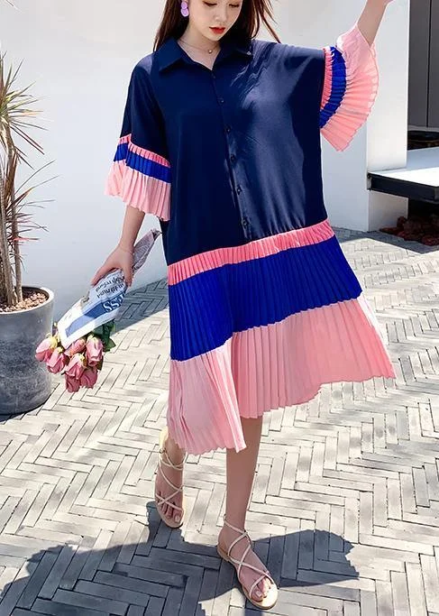 Casual Blue Pink Patchwork Summer Party Dress Peplum Ruffle Cocktail