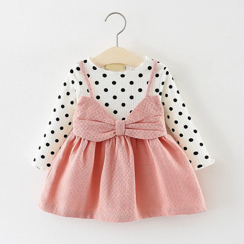 Baby Girl Cute Polka Dot Long Sleeve Bow Princess Dress Tunics Evening elegant