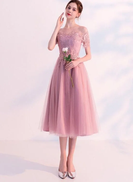 Pink Short Tulle with Lace Off Shoulder Wedding Party Dresses, Pink Short Formal Dress Tunics Print Colorful