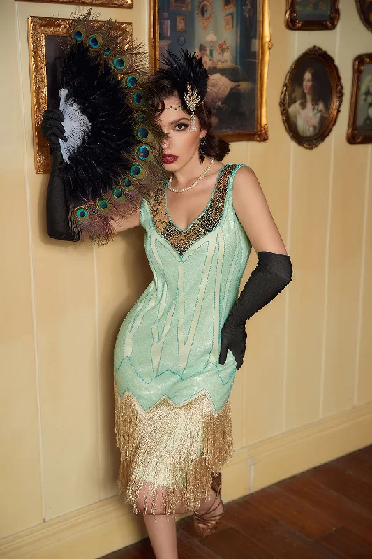 Sequins Green Short 1920s Party Dress Crew Neckline Sporty