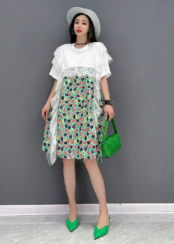 Green Print Lace Patchwork Party Dress O-Neck Short Sleeve Tunics Vintage classic