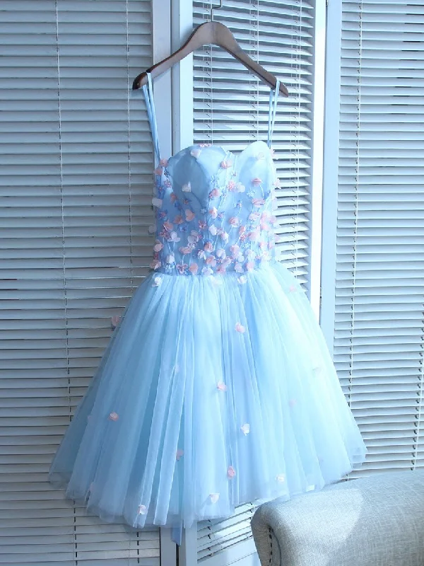 Light Blue Sweetheart Short Handmade Party Dress, Blue Flowers Homecoming Dress Tunics Spring floral Light Blue Sweetheart Short Handmade Party Dress, Blue Flowers Homecoming Dress Tunics Spring floral