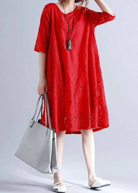 Loose Red O-Neck Hollow Out Lace Summer Party Dress Half Sleeve Tunics Versatile functional Loose Red O-Neck Hollow Out Lace Summer Party Dress Half Sleeve Tunics Versatile functional
