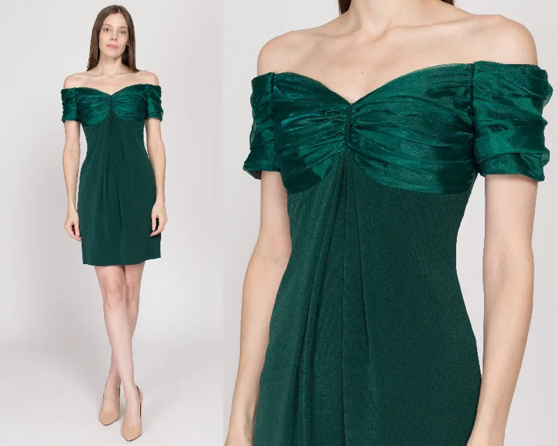 XS 90s Emerald Green Off-Shoulder Party Dress Tunics Satin smooth