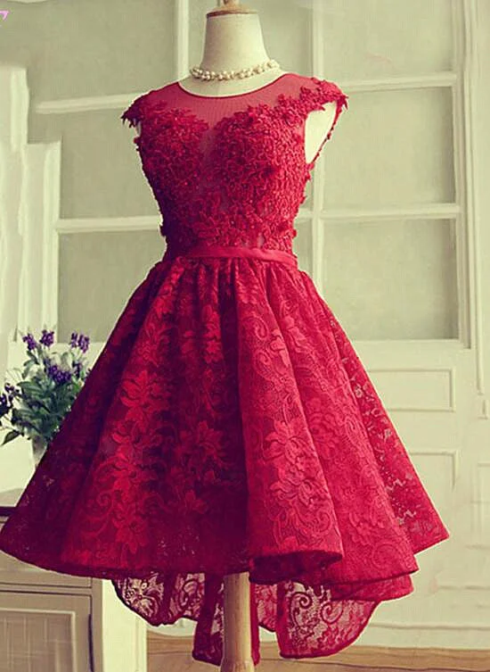 Fashionable Wine Red Lace High Low Party Dress, Lace Homecoming Dress Cowl Neckline Elegant Fashionable Wine Red Lace High Low Party Dress, Lace Homecoming Dress Cowl Neckline Elegant