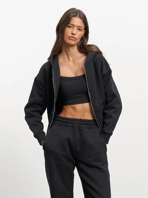 Womens Relaxed Zip Hoodie in Black Hoodie with Typography Text Message