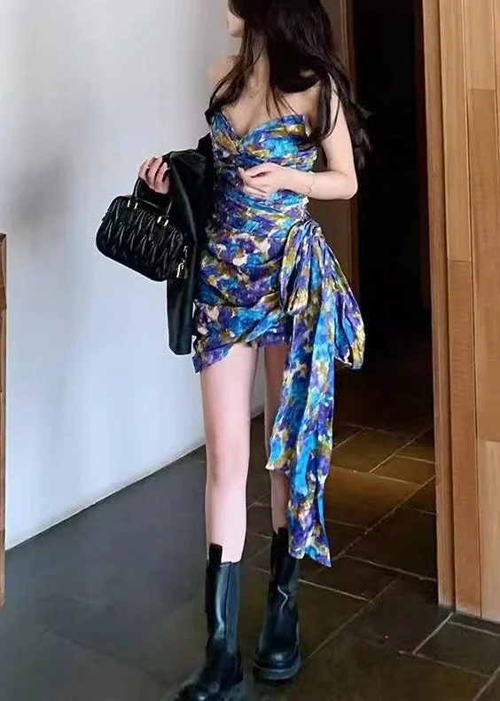 Fashion Blue Printed Bow Ribbon Party Dress Sleeveless Tunics Trousers formal