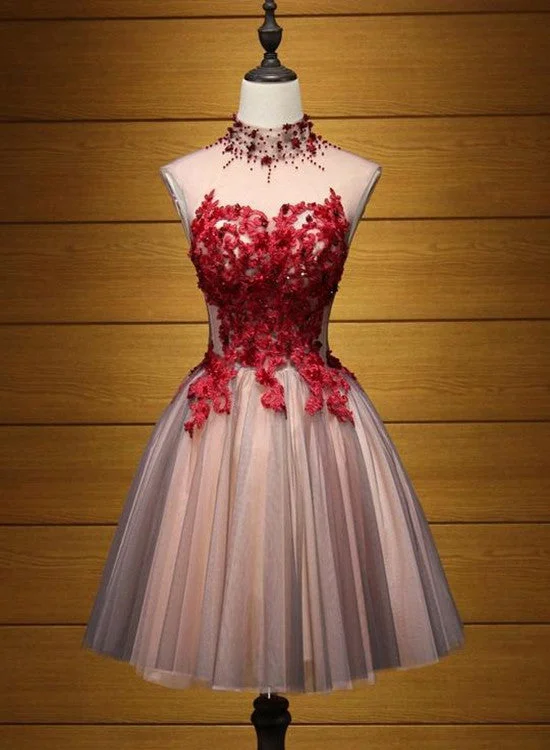 Lovely Halter Beaded and Red Applique Knee Length Formal Dress, Cute Party Dresses, Homecoming Dress Tunics Long Elegant Lovely Halter Beaded and Red Applique Knee Length Formal Dress, Cute Party Dresses, Homecoming Dress Tunics Long Elegant